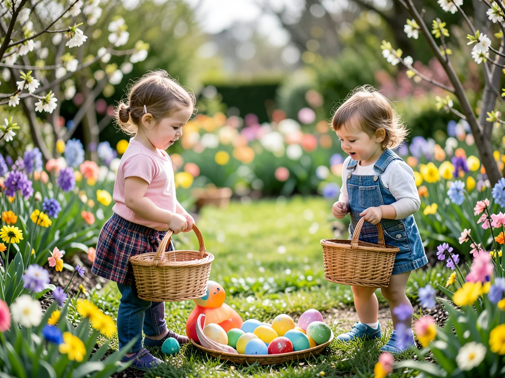 Children on an Easter egg hunt in a garden, baskets in hand, spring flowers bloo