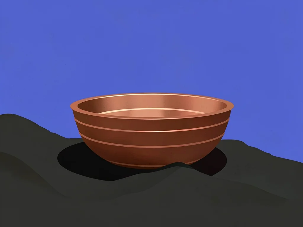Carved-out copper open mine bowl sits in a charcoal massif under a vast lapis sk
