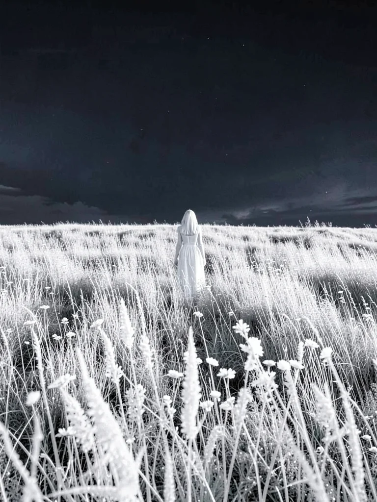 Tall grass field with a single figure standing at center, grass white as winter 