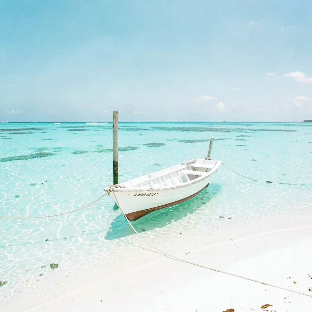 Expansive turquoise negative space, bleached whites, A small wooden boat moored 