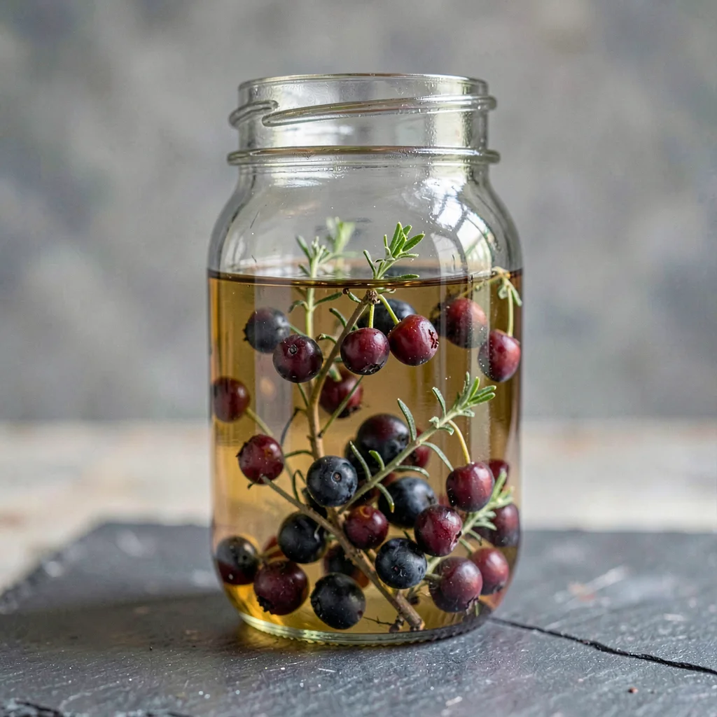 Macro of a glass mason jar with mid-stage shrub maceration: berries floating in 