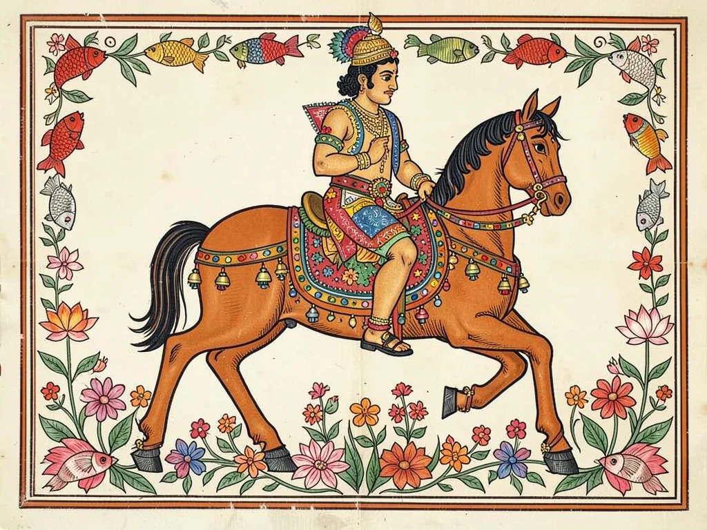Horse with decorated saddle and bells, rider in ceremonial attire, flowers aroun