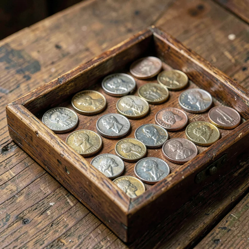 Worn study of a wooden tray of mixed circulated nickels, edges polished by years