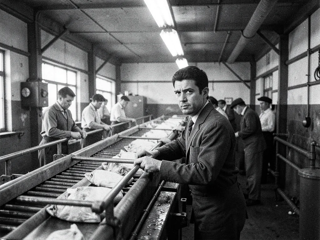 Interior of a cannery — worker at a conveyor line, repetitive motion, industrial
