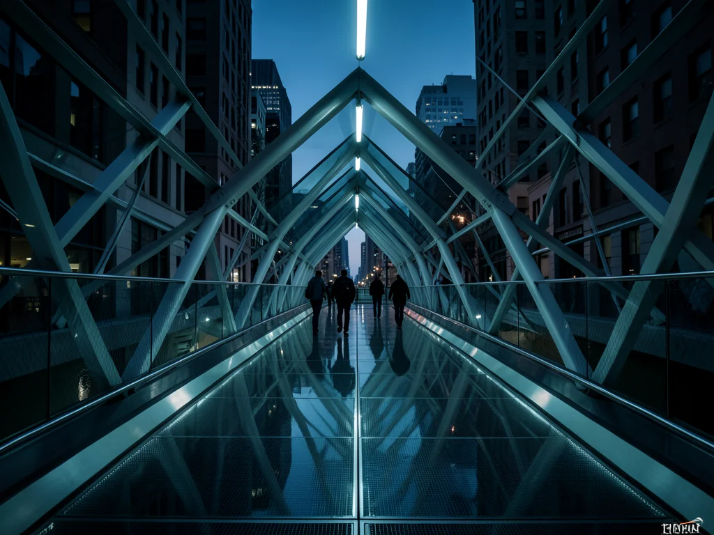 Steel and glass pedestrian bridge spanning a urban canyon, pedestrians silhouett
