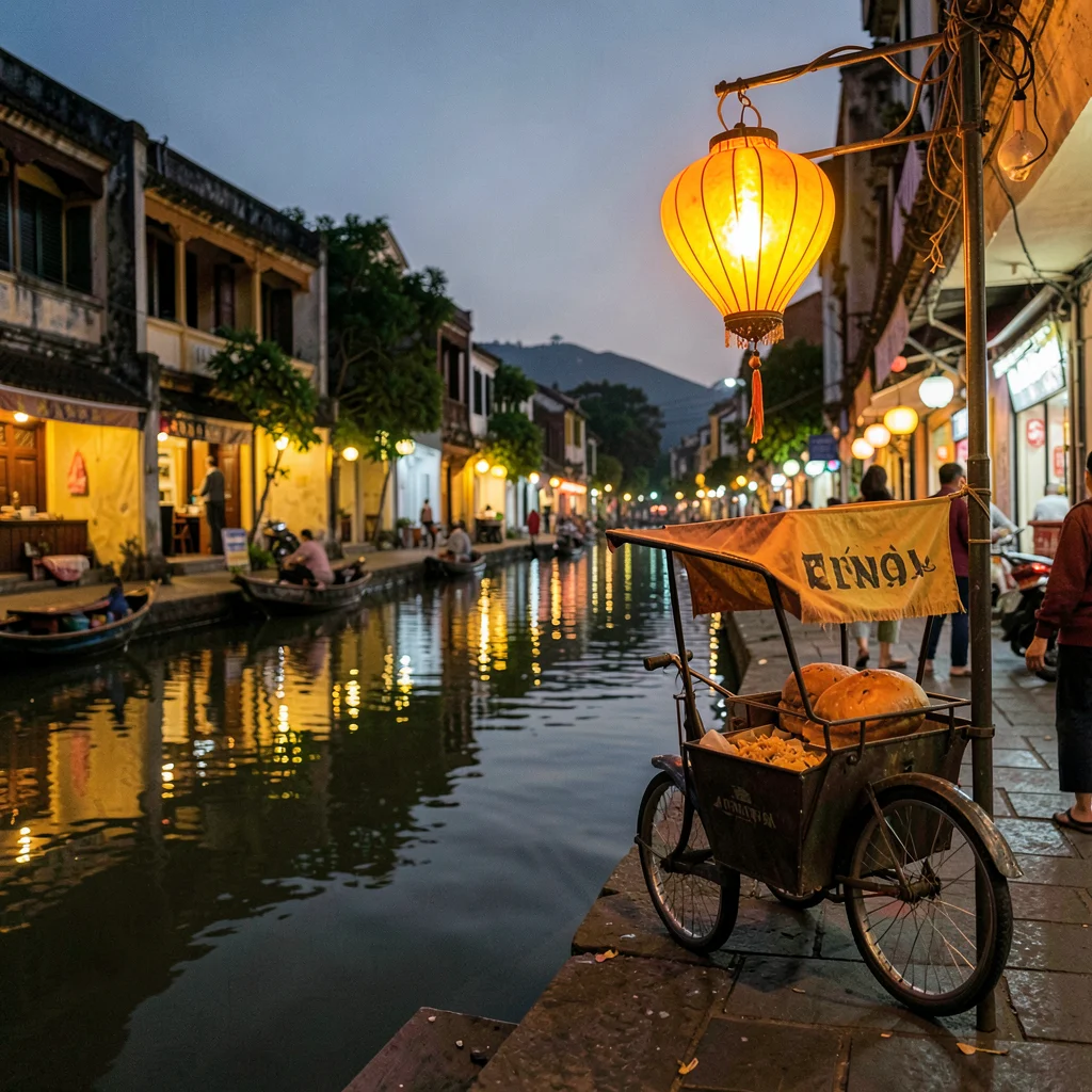 Hoi An lantern glow, silk amber on water, banh mi cart under single lantern, nig