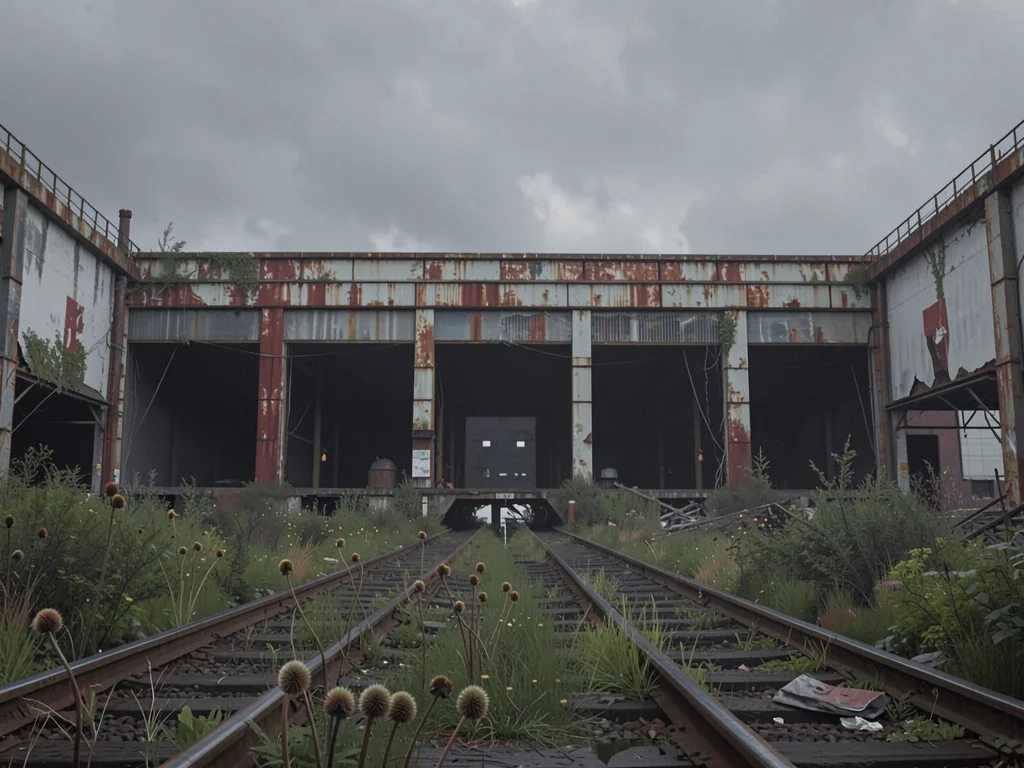 Freight yard locomotive shed with seven empty bays open to grey sky and rails bu