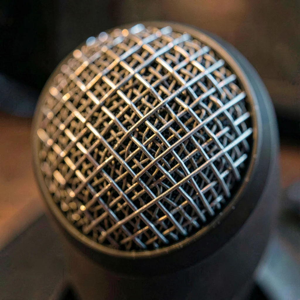 Tight macro of a condenser mic grille, cross-mesh wires catching cool lamp light