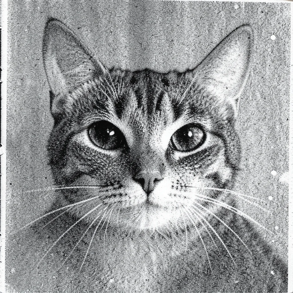 A cat face emerging from 12th-generation xerox noise, eyes still recognizable as