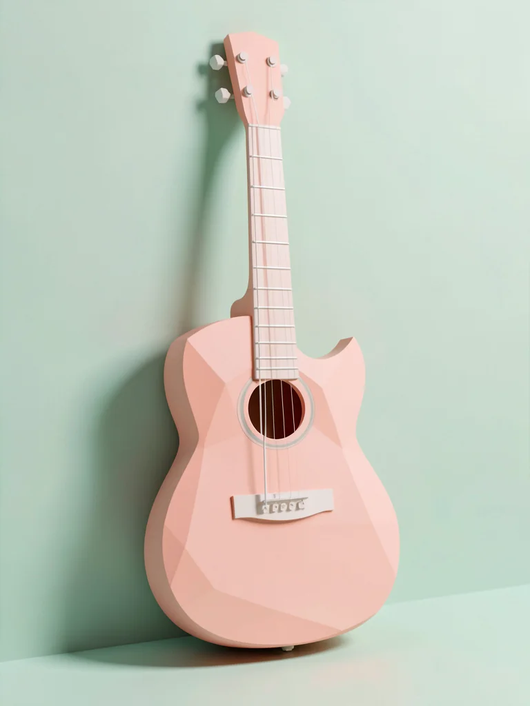 Carved-volume acoustic guitar in soft coral leaning against a mint wall, single 