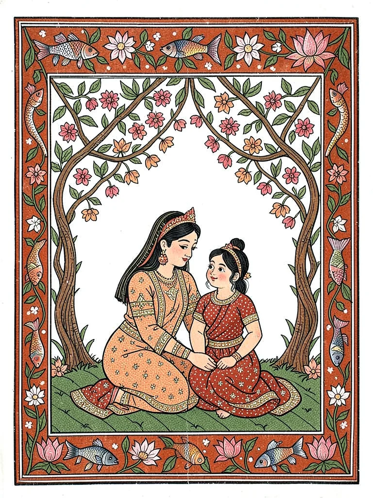 Mother and child — seated together beneath a canopy of vines and blossoms