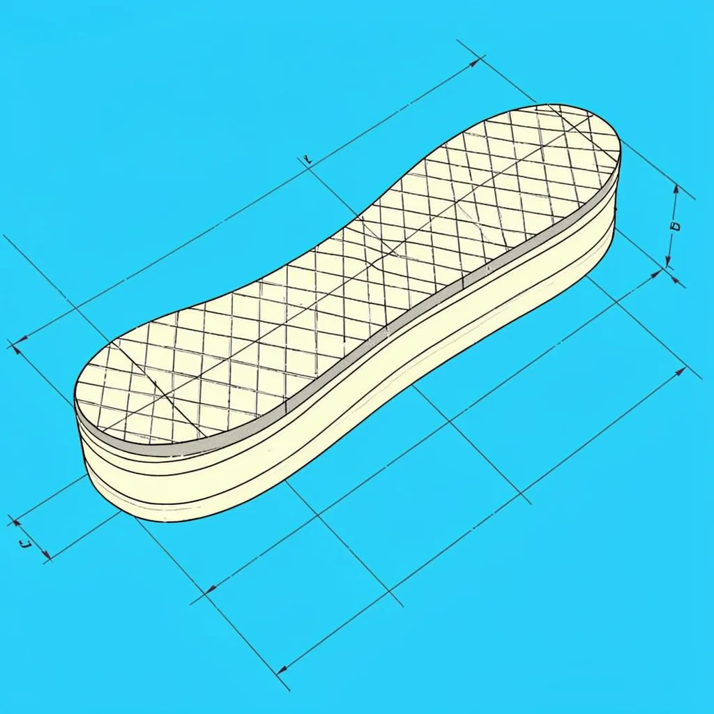 Cutaway technical drawing of a layered foam midsole, ivory cross-hatch on cyan g