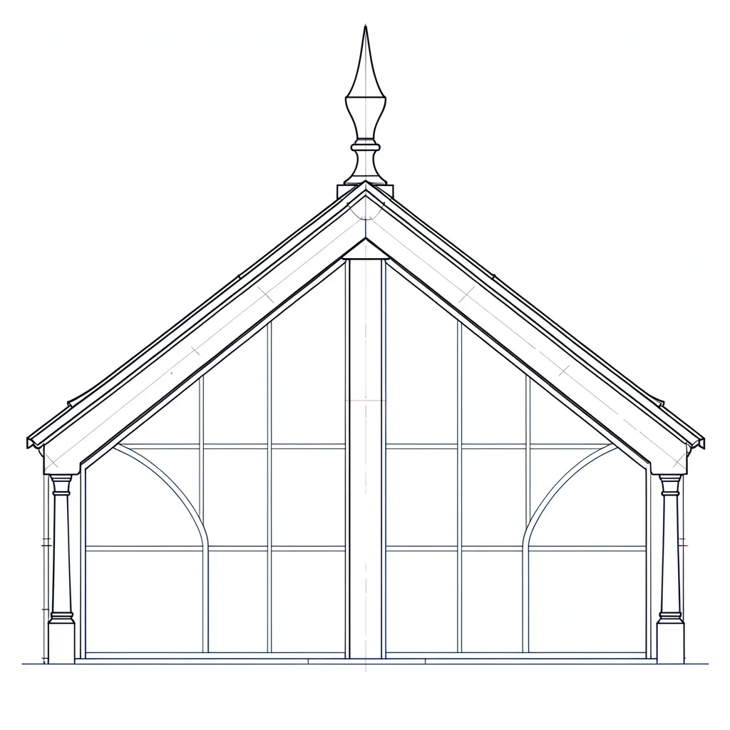 Blueprint diagram of a finial cresting along a glasshouse ridge