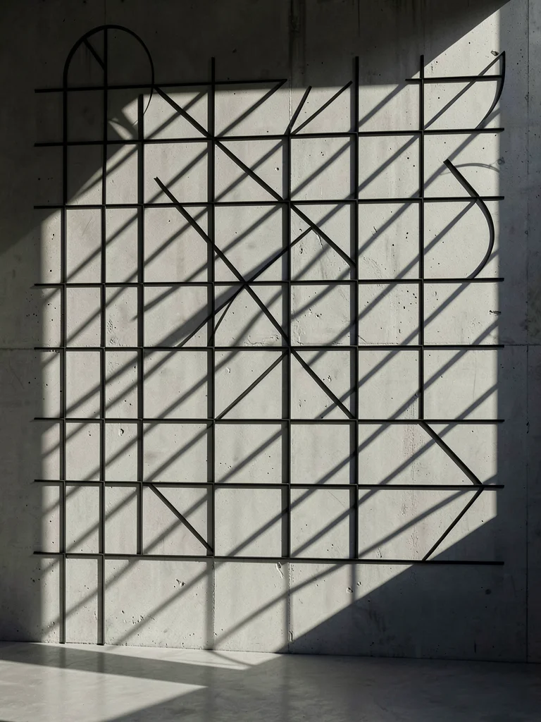 Window grid casting strict shadow lattice on bare concrete wall, afternoon light