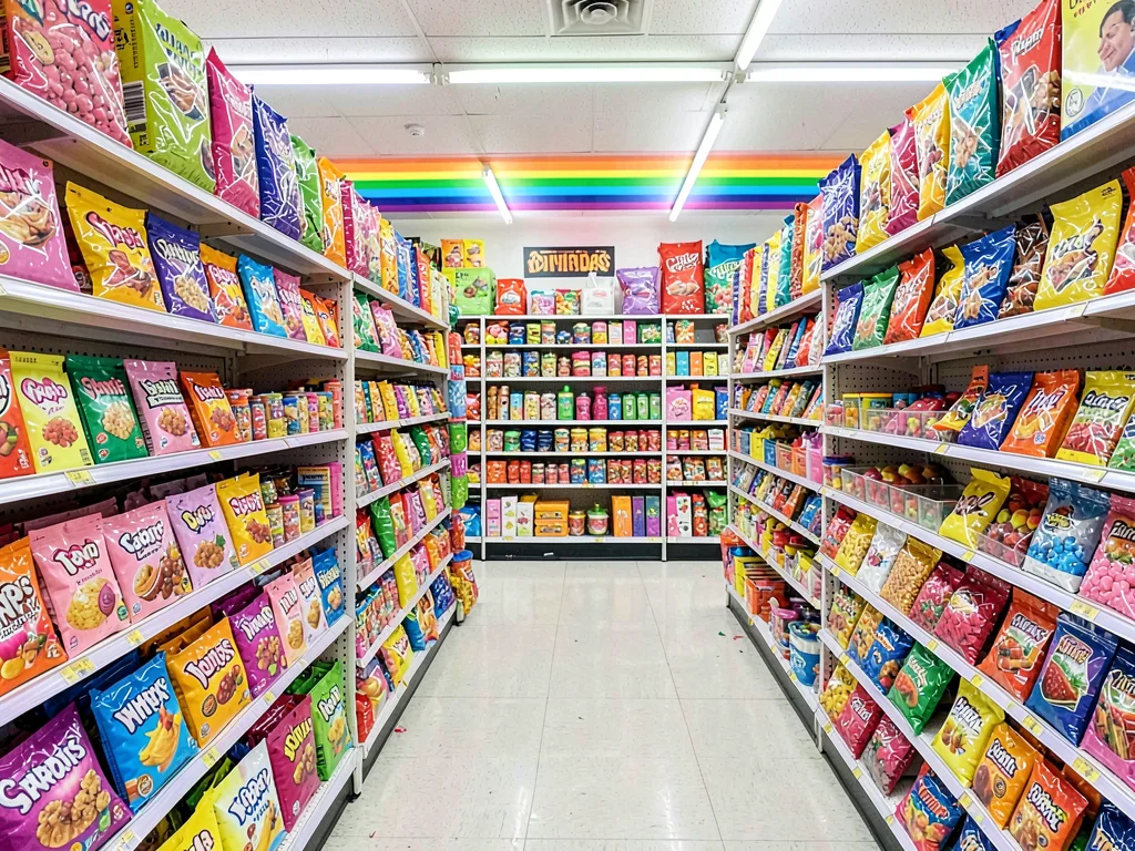 Candy aisle color explosion, sweet variety from floor to ceiling, sugar rainbow