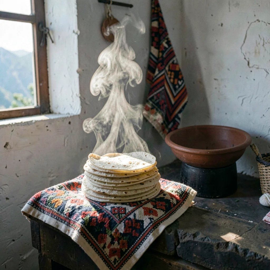Documentary photograph with Guatemalan highland aesthetic, Tortillas stacked in 