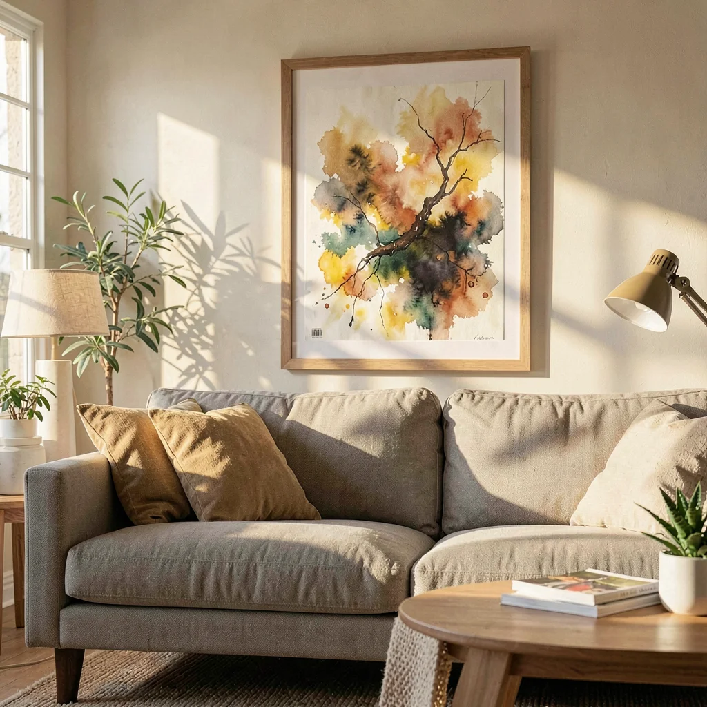 Warm gouache painting of an art print framed above a sofa in a sunlit living roo