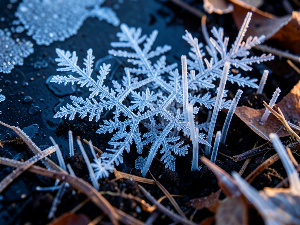 Needle ice on forest floor, thin crystal columns lifting soil and leaves upward,
