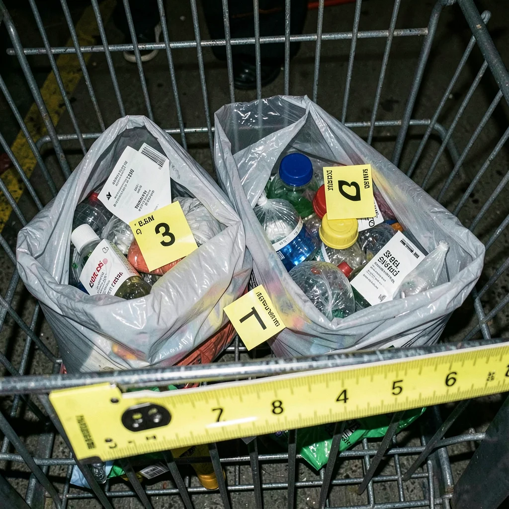 Grocery shopping cart contents laid out with evidence markers