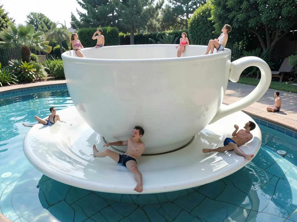 Massive teacup used as swimming pool, tiny people lounging on saucer edge