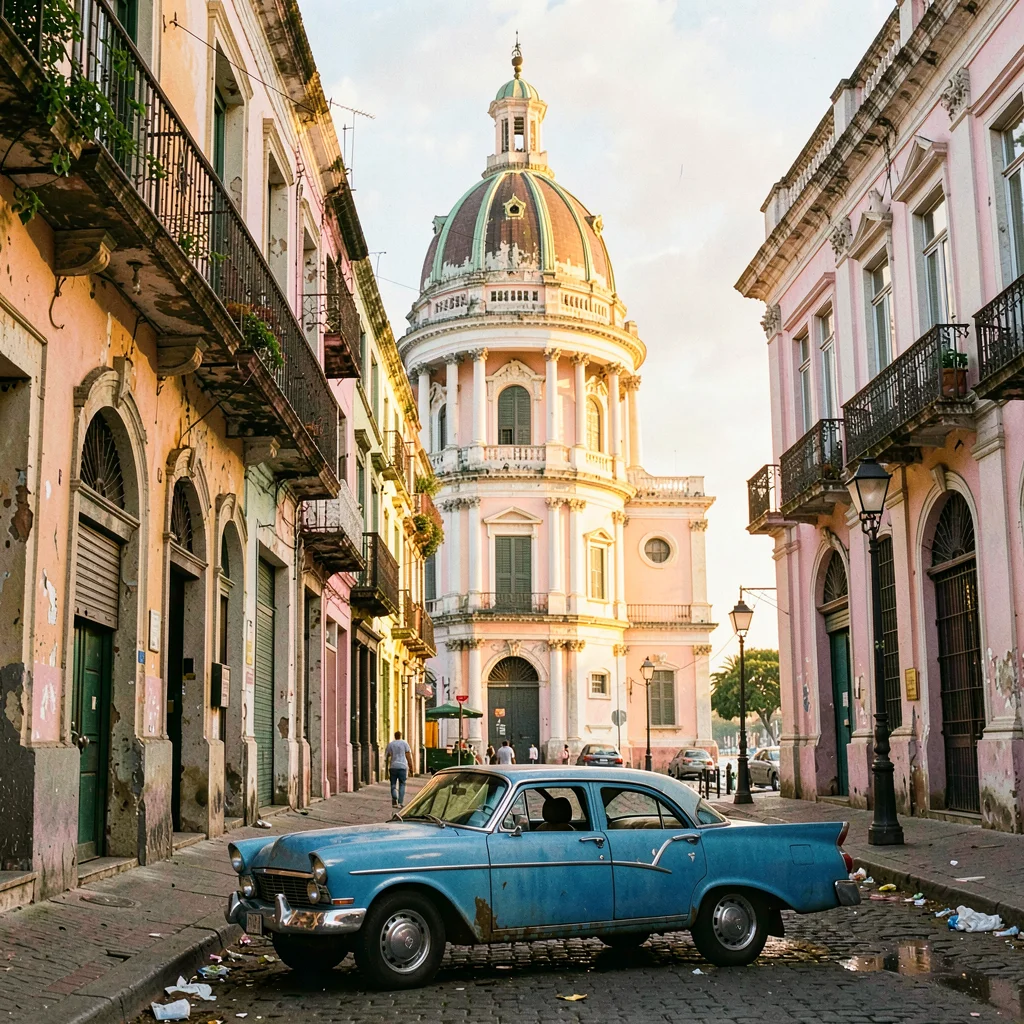 Faded pastel decay of Havana, Cuba, Capitol building dome through alley frame, b