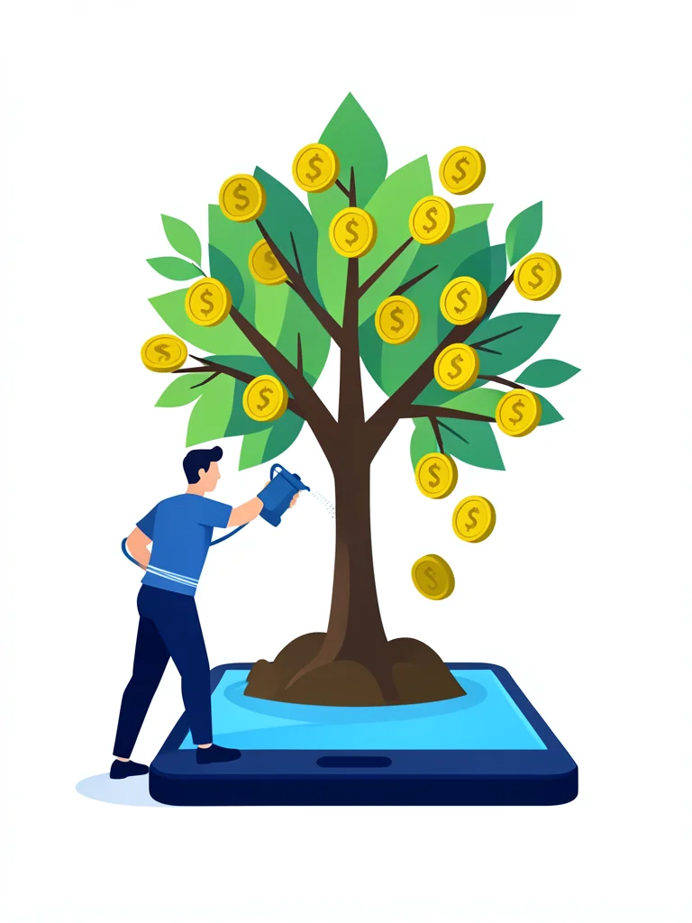 A person watering a money tree that's growing from a smartphone screen, coins fa