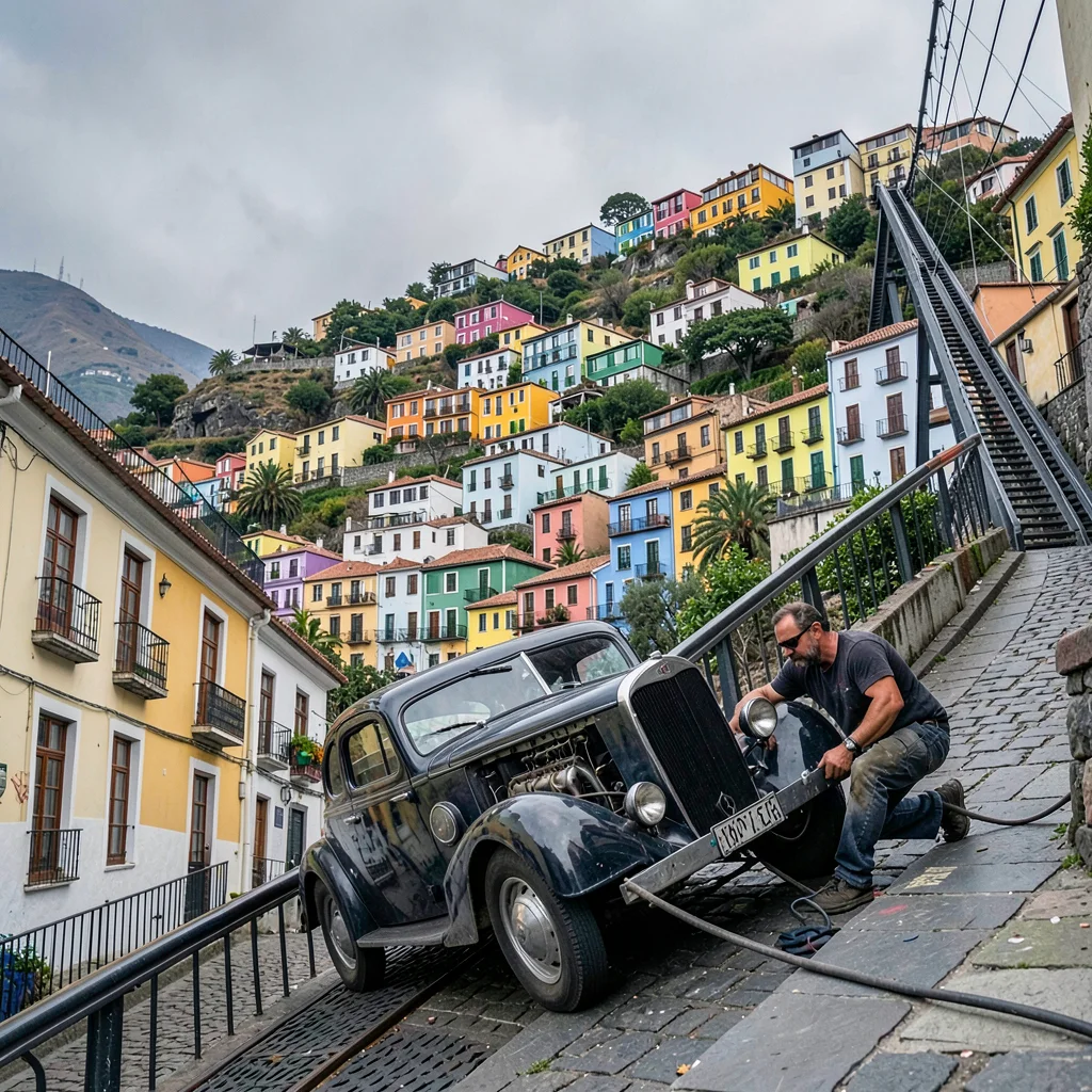 Valparaiso hillside color, painted houses climbing, Mechanic working on vintage 