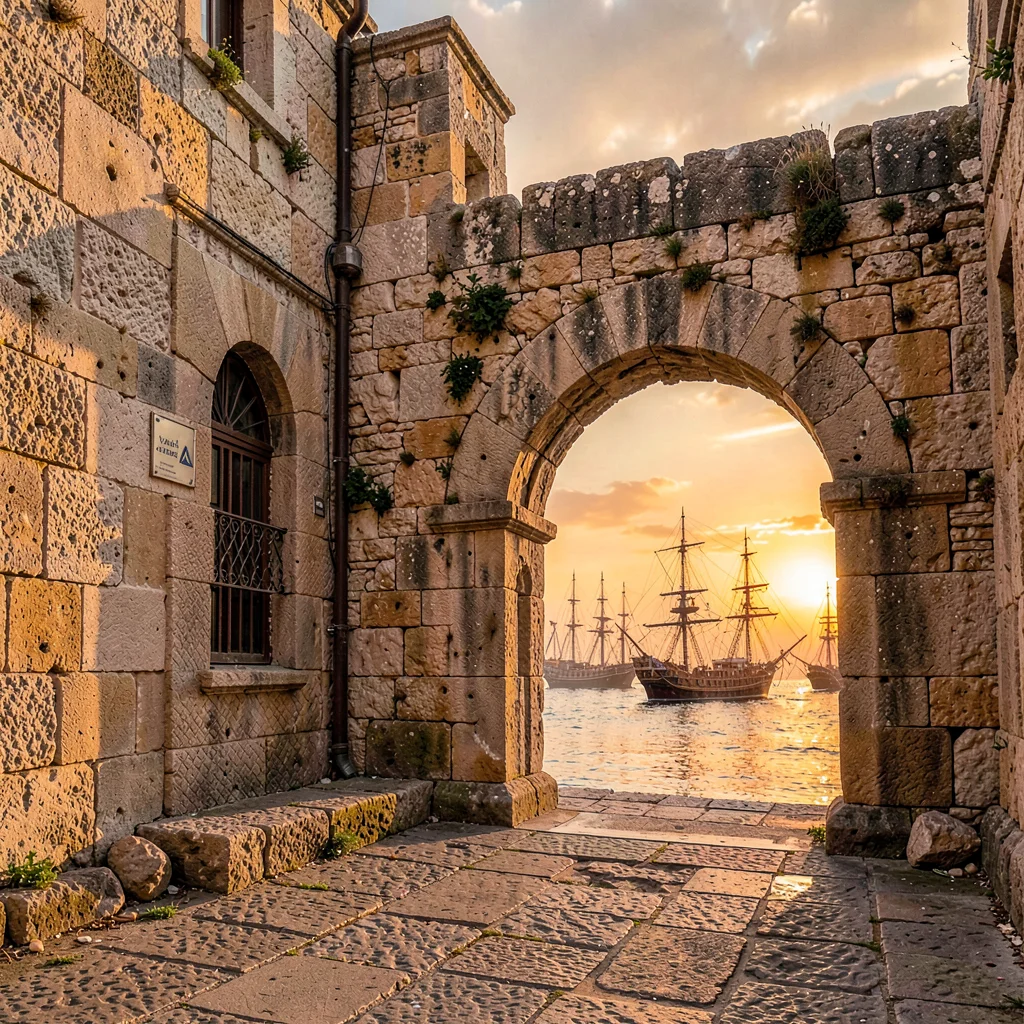 Old Jaffa time-layered, ancient port stone warmth, Mediterranean sunset through 