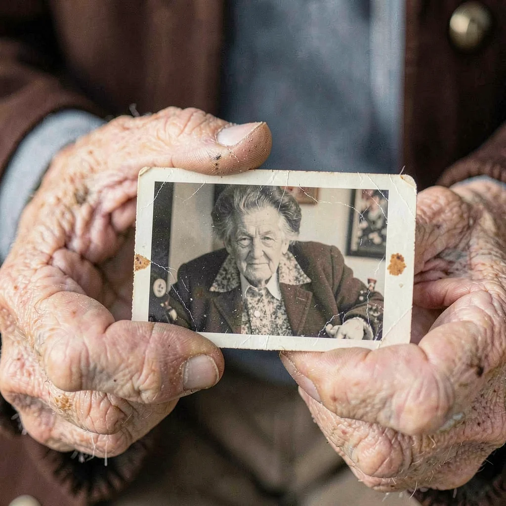 Elderly hands holding worn photograph, image within image also reversed