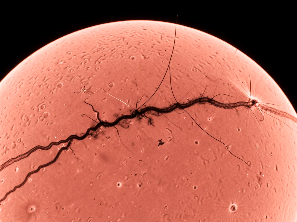 Solar filament channel stretching across the disk, dark serpentine structure aga