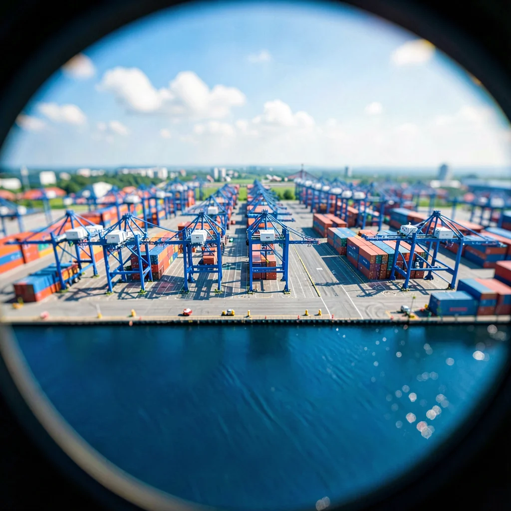 Overhead tilt-shift miniature of a cargo terminal from a helicopter window, satu