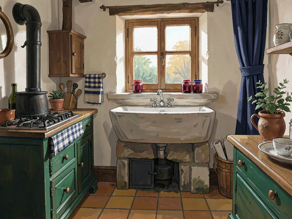 Iron-stove cottage kitchen at midmorning with one window above a deep stone sink