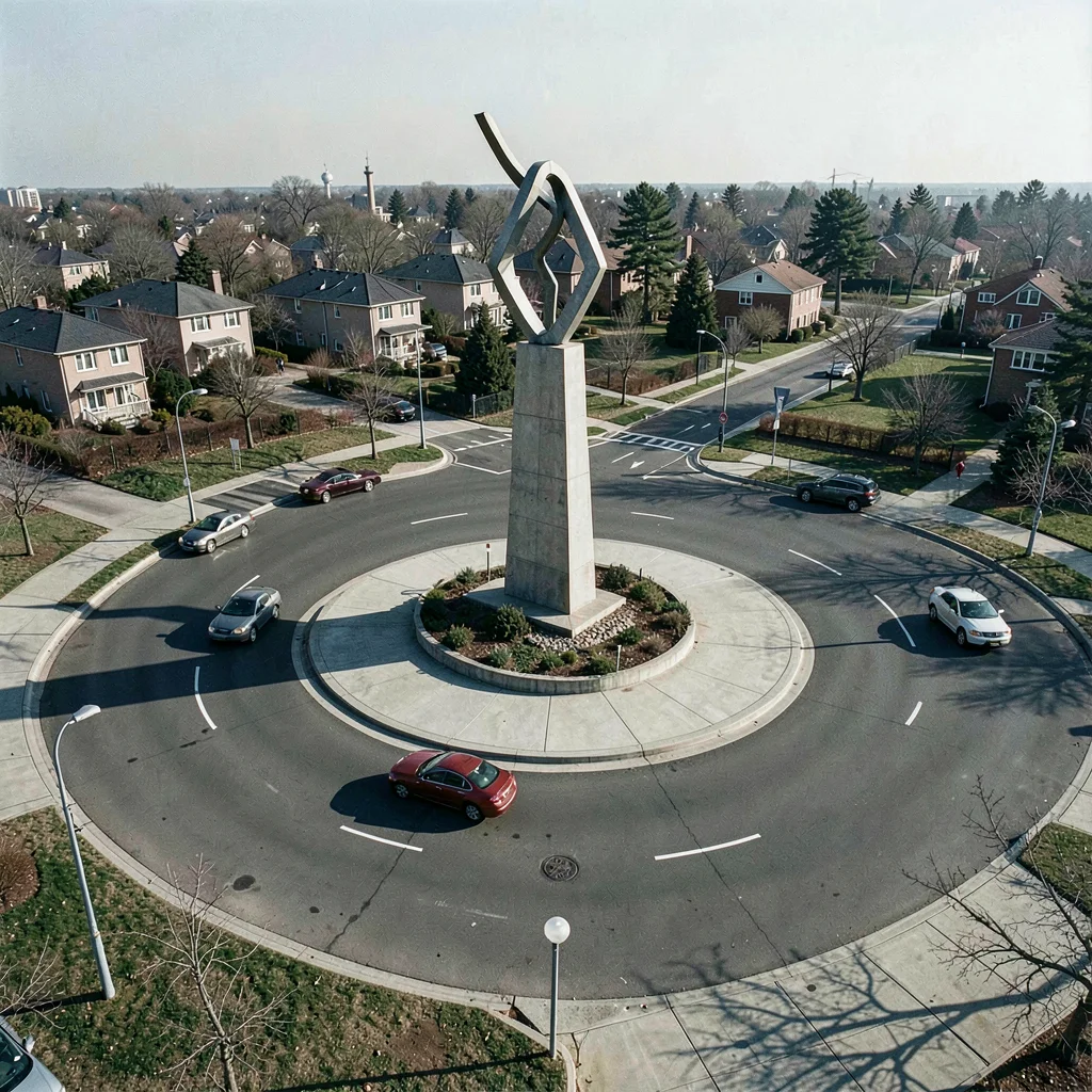 Planned city photography, modernist urbanism, A traffic roundabout with a modern