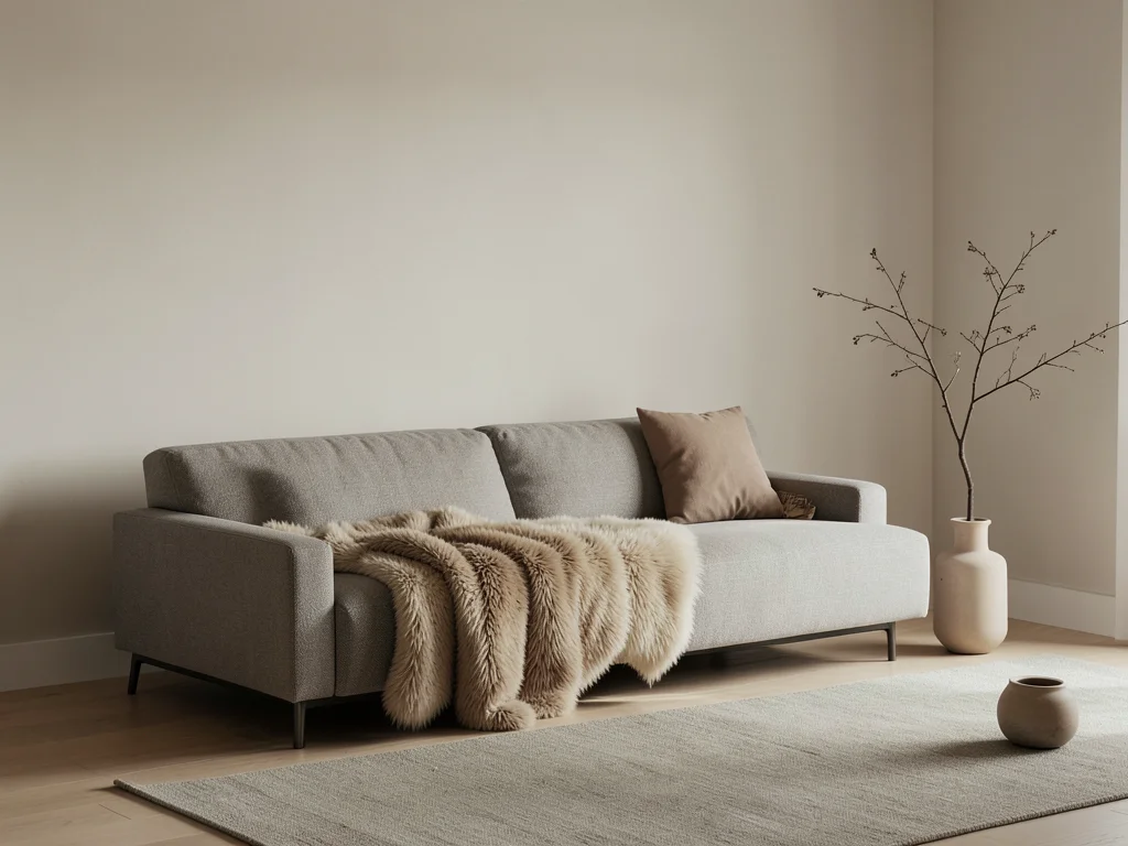 Minimalist Scandinavian living room with low sofa, sheepskin throw, single stem 