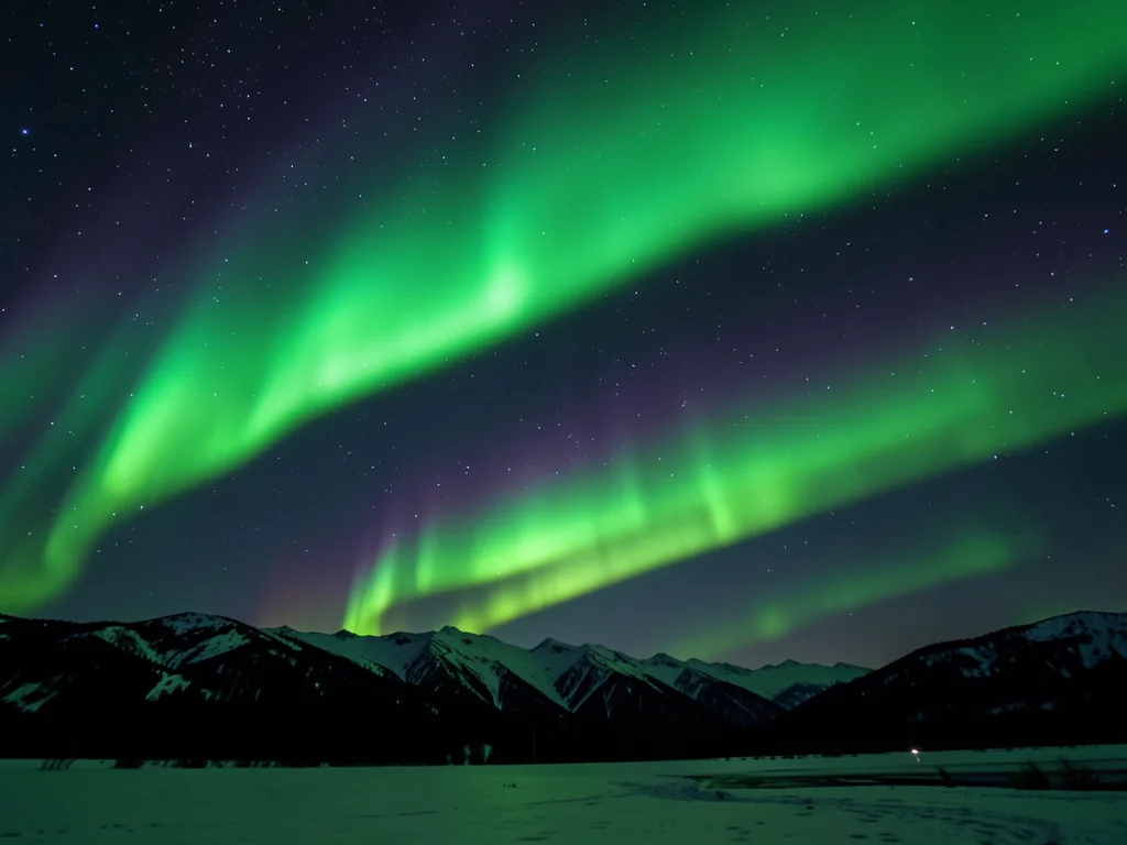 Double arc aurora, two parallel green bands separated by dark sky, rare split-ar