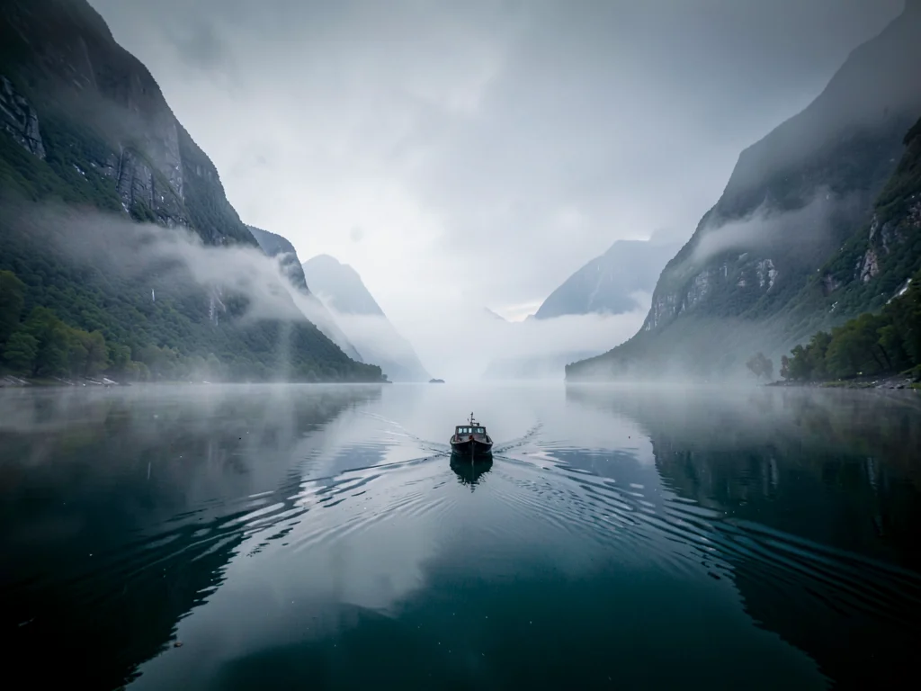 Boat creating only ripple in still fjord