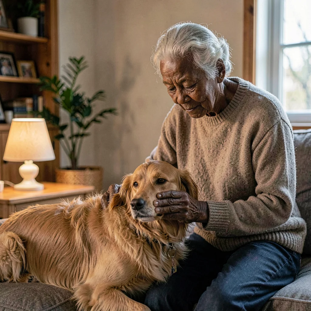 A patient elder Black pet-therapist in her seventies brushing a dog at a careful