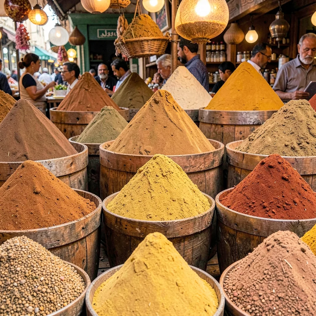 Moroccan market spices in conical piles, warm earth tones arranged in grid