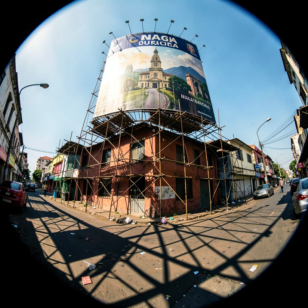 Harsh equatorial noon light casting deep shadows, Church billboard towering over