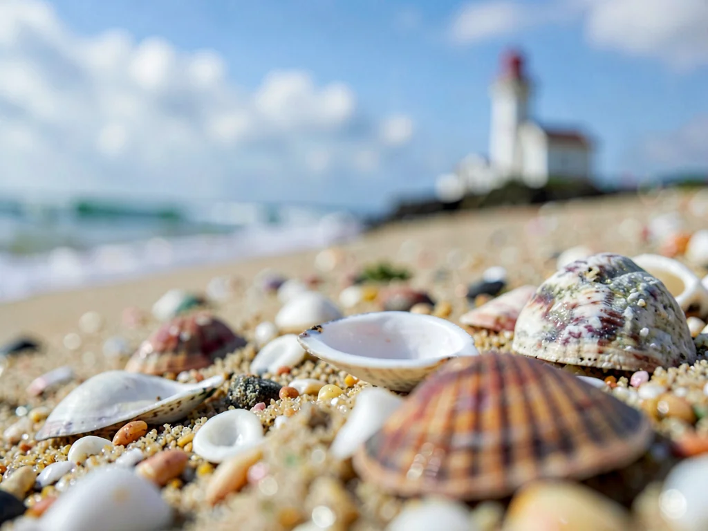 Beach shells sharp to distant lighthouse