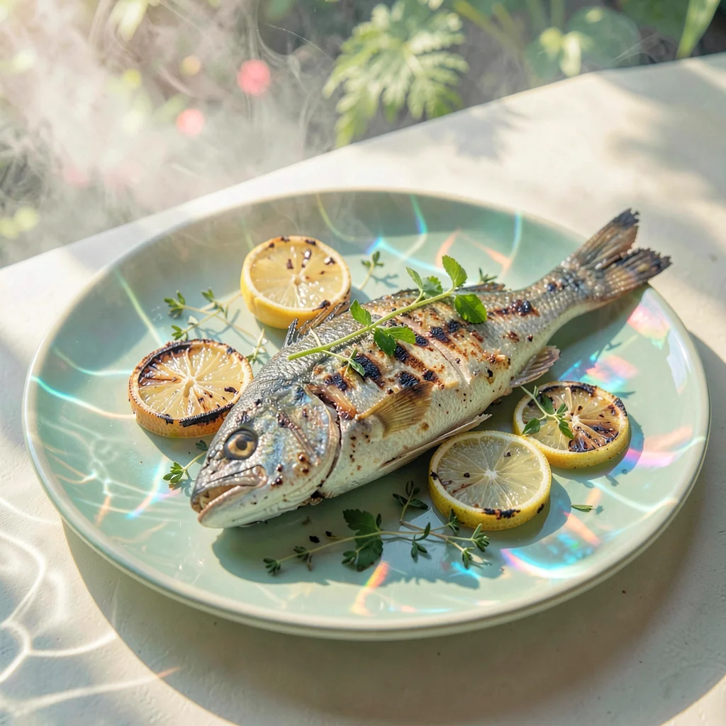 Soft diffused tropical light filtering through water vapor, A plate of grilled f