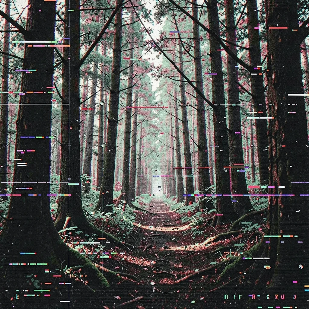 Glitch art illustration, forest with compression artifacts , digital corruption 
