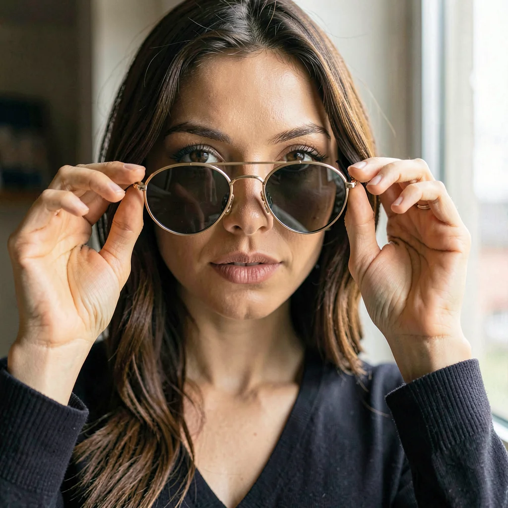 Editorial portrait of a model lowering aviator sunglasses, eyes meeting the came