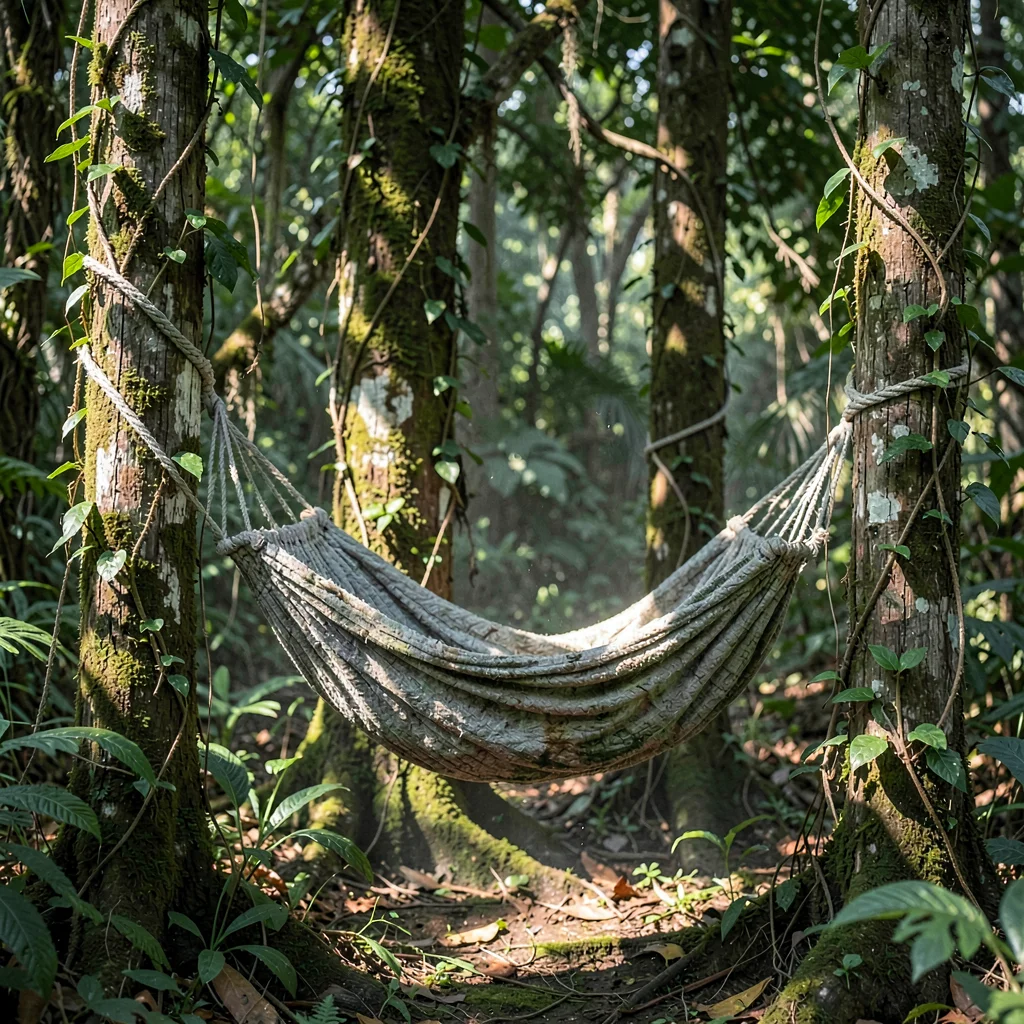 Tropical weathered surfaces, humid atmosphere, Rope hammock weathered gray, tied