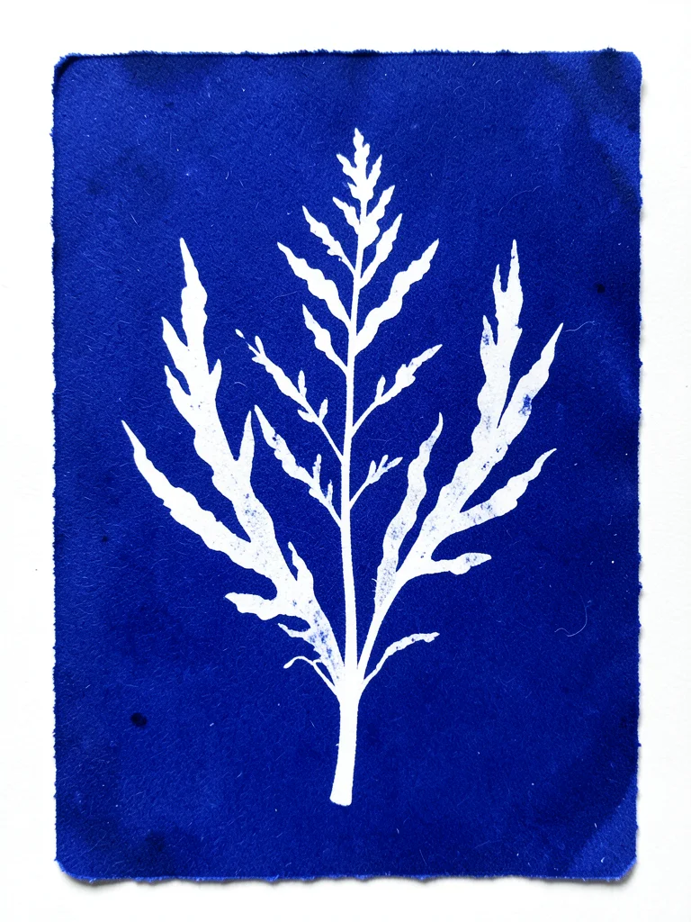 Cyanotype of dried seaweed specimen, flowing organic kelp forms in white on deep