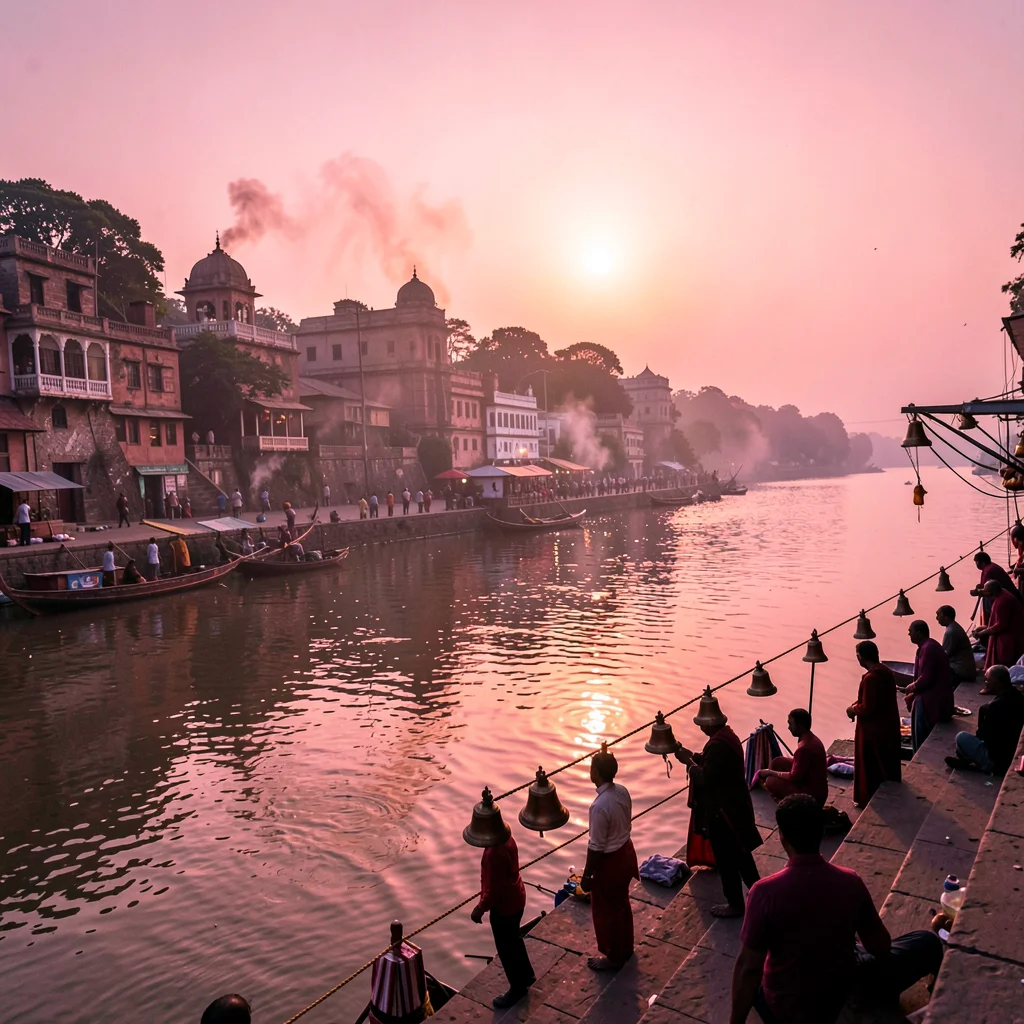 Varanasi ghat dawn, Ganges pink-gold light, brass bells hung near water, pink sk