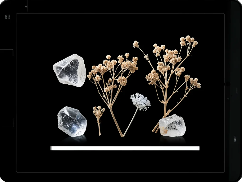 Translucent objects on scanner, sea glass and dried flowers backlit by scanner l