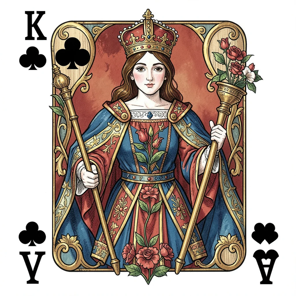 Playing card face illustration, Queen of Clubs, holding flower and scepter , cou