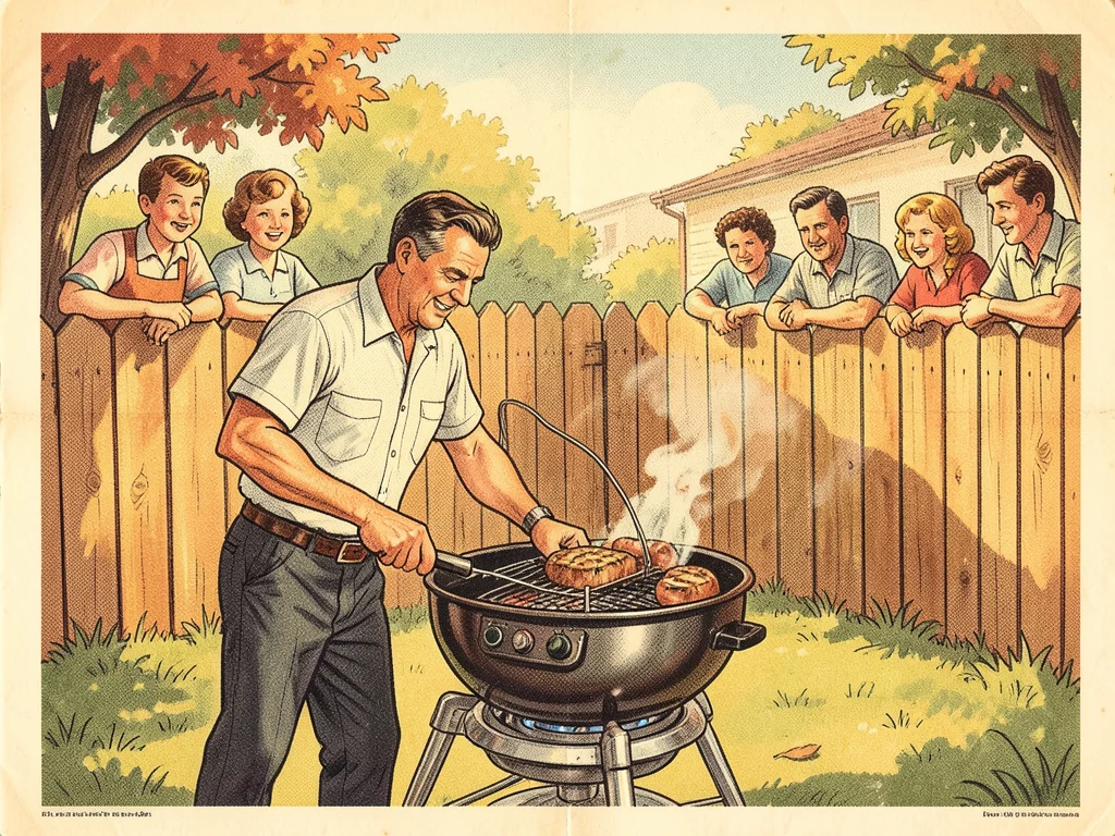 A man grilling in a backyard, his space-age barbecue shaped like a satellite dis