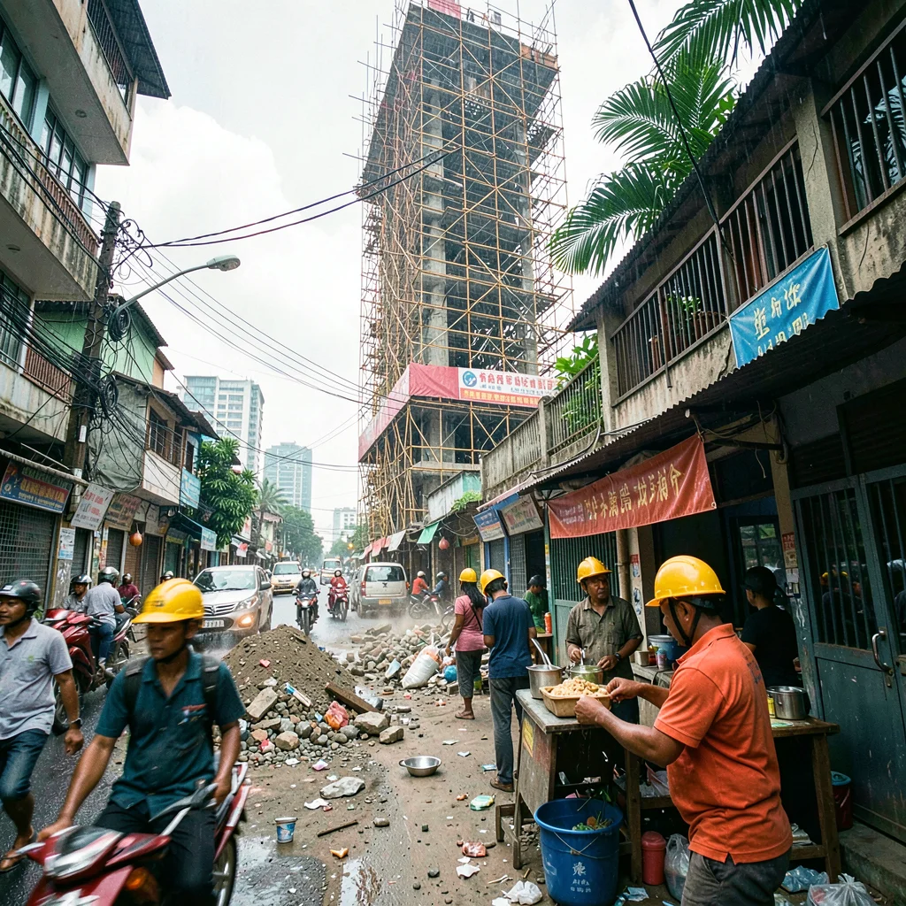 Documentary photograph of megacity life, dense urban scene, A construction site 